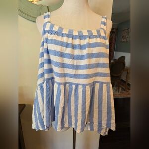 Loft Size XL Blue White Stripe Babydoll Tank Linen Blend Flowy Cottagecore